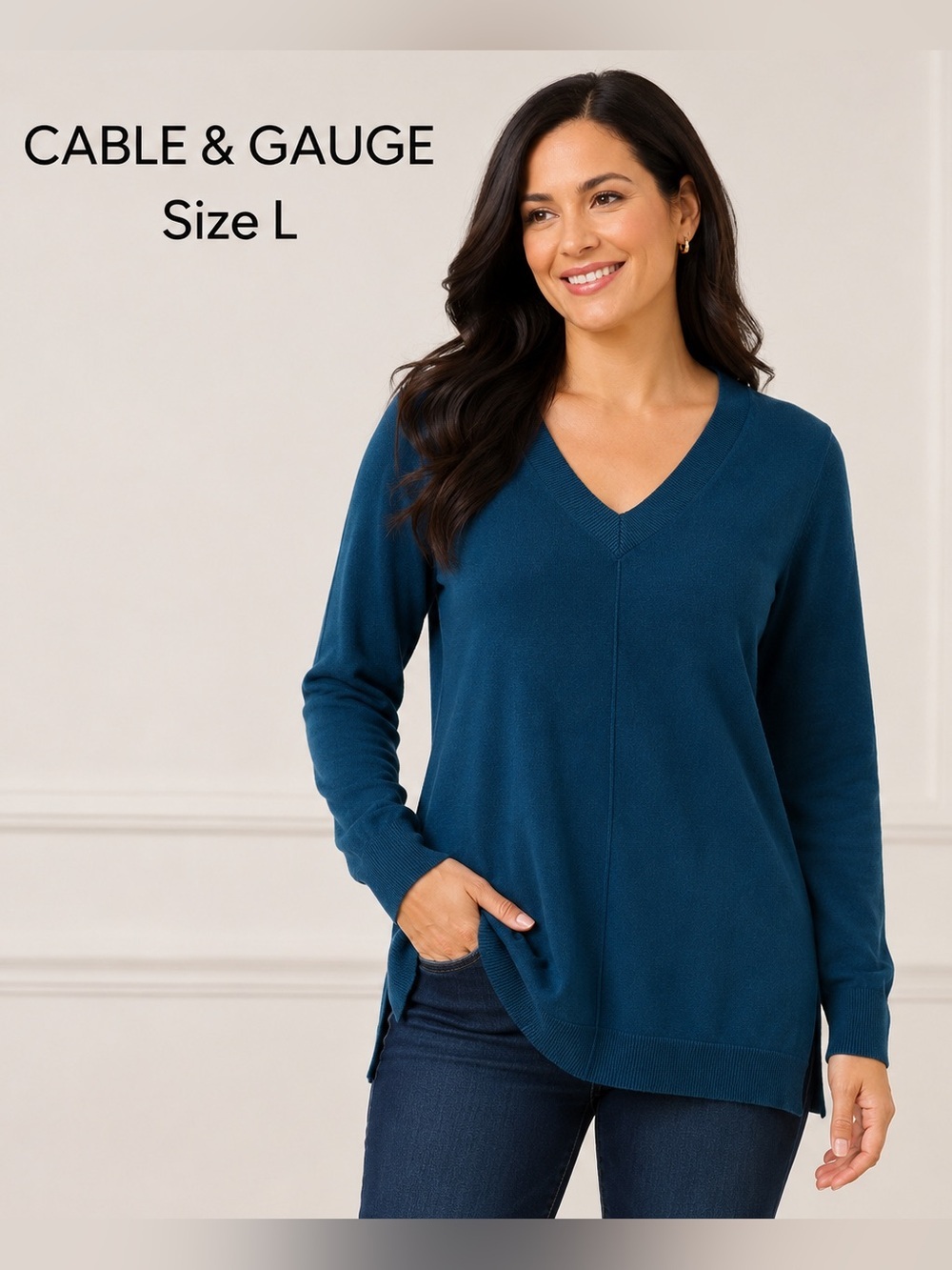 CABLE & GAUGE women v-neck blue-green sweater/size L